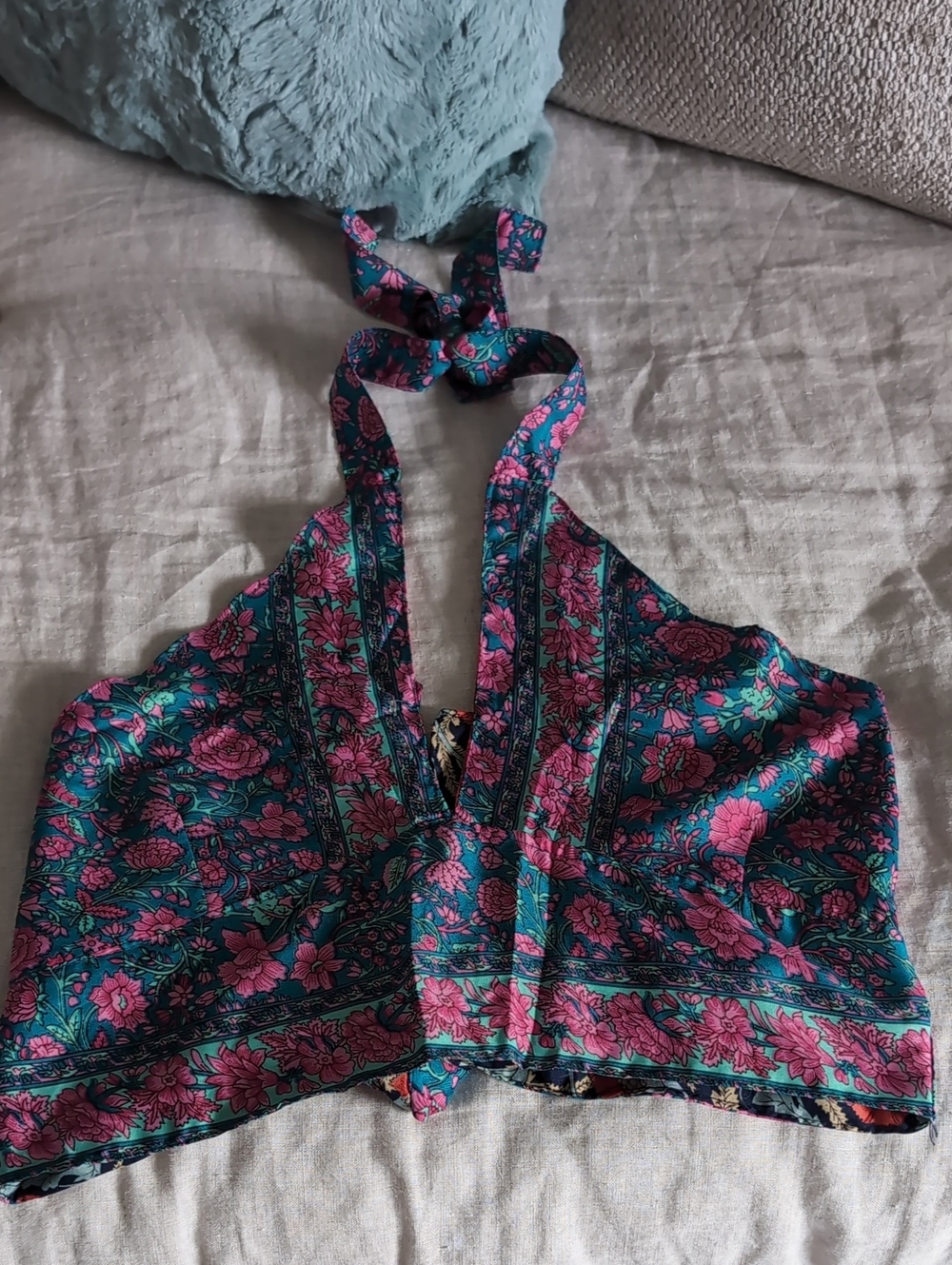 Floral Halter Tie-Back Crop Top in Teal & Pink Reversible